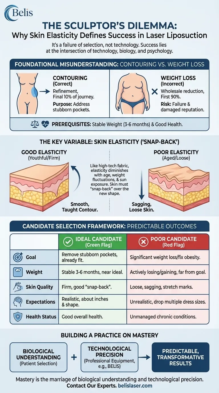 El dilema del escultor: Por qué la elasticidad de la piel define el éxito en la liposucción láser Guía Visual