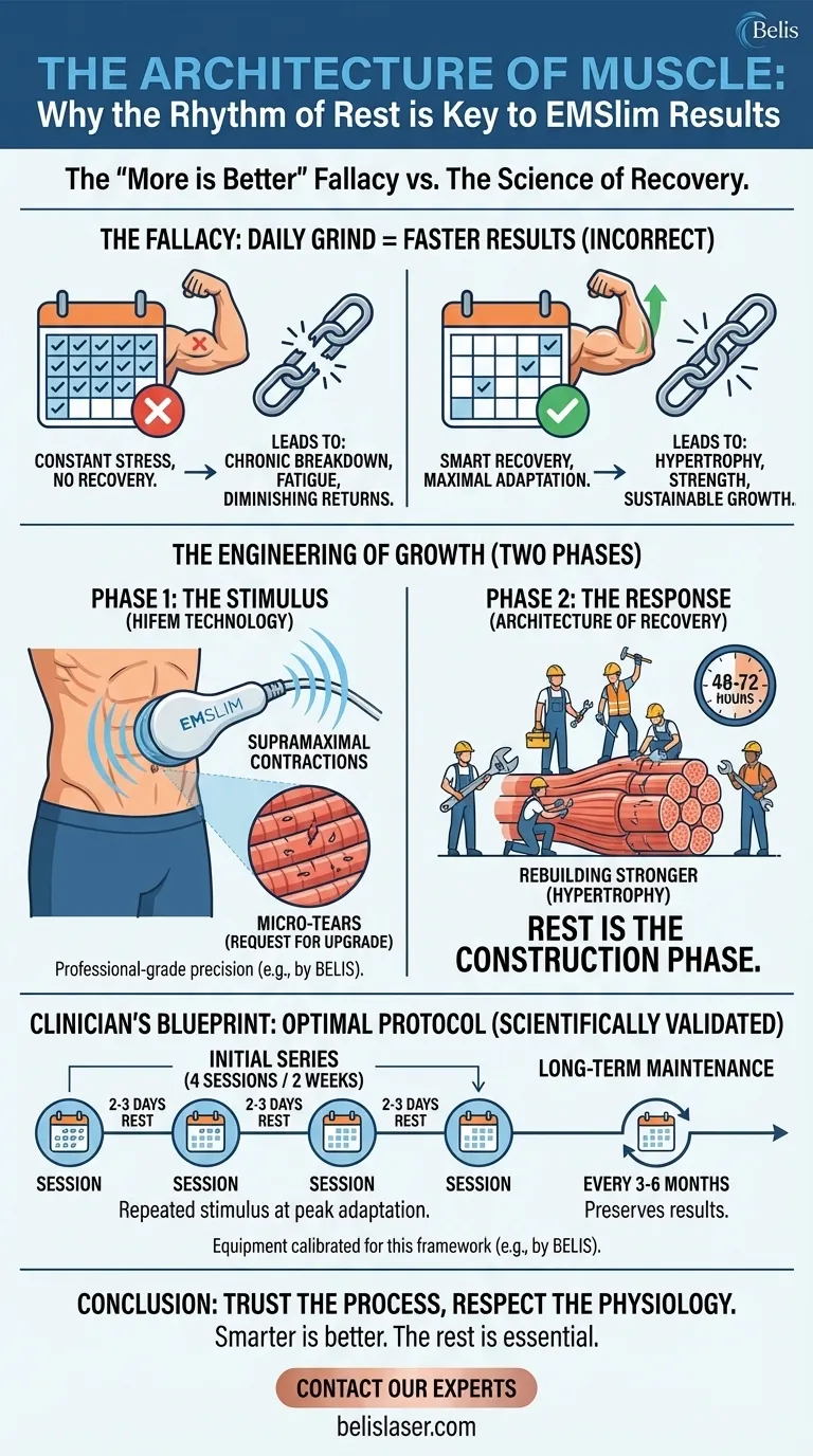 هندسة العضلات: لماذا يعتبر إيقاع الراحة مفتاح نتائج EMSlim دليل مرئي