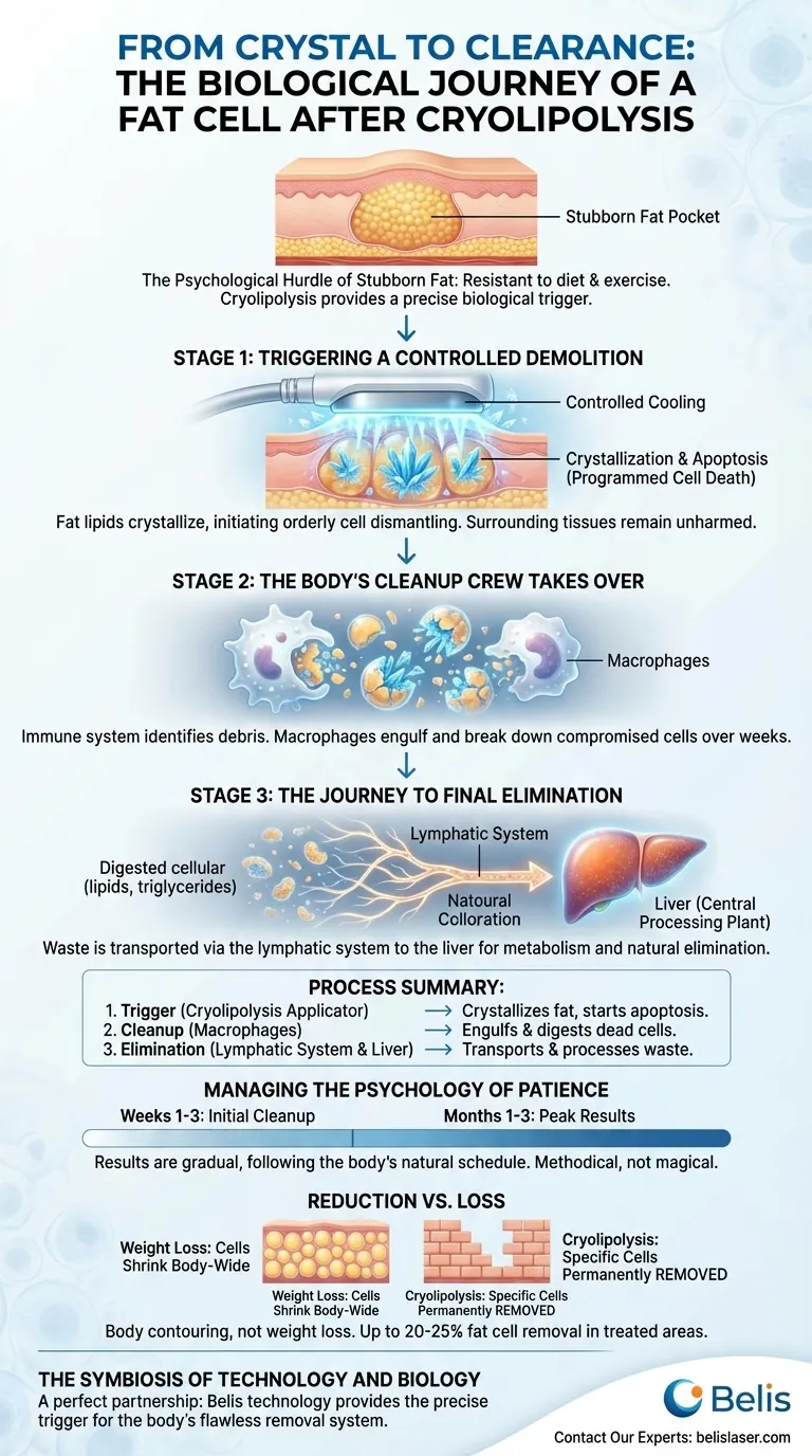 من البلورة إلى التصفية: الرحلة البيولوجية لخلية دهنية بعد تبريد الدهون دليل مرئي