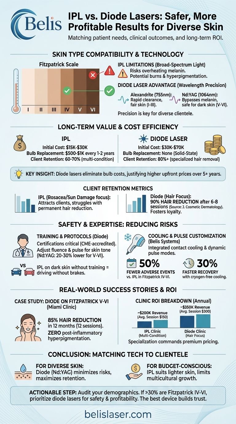 IPL vs. Diode Lasers: Which Delivers Safer, More Profitable Results for Diverse Skin? Visual Guide