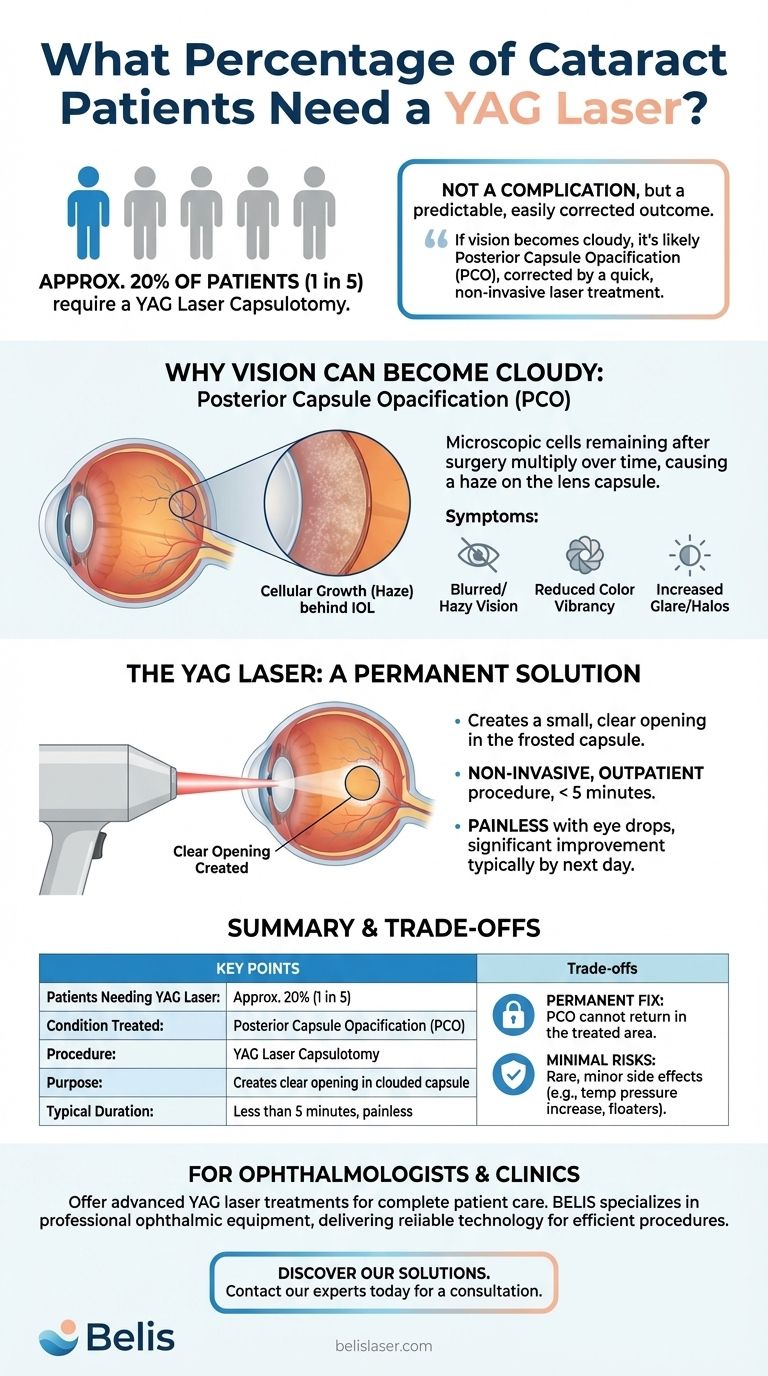 백내장 환자 중 몇 퍼센트가 YAG 레이저 시술이 필요할까요? 5명 중 1명의 환자는 시력 선명도가 저하될 수 있습니다. 시각적 가이드