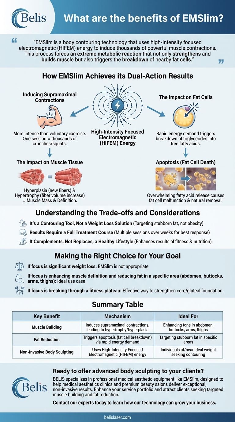 Quali sono i vantaggi di EMSlim? Scolpire i muscoli e ridurre il grasso contemporaneamente Guida Visiva