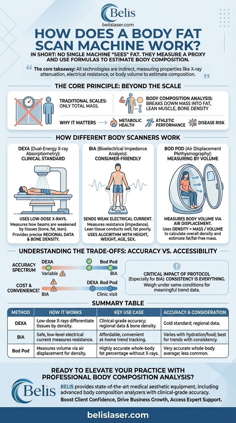 Come funziona una macchina per la scansione del grasso corporeo? Una guida alle tecnologie DEXA, BIA e Bod Pod Guida Visiva